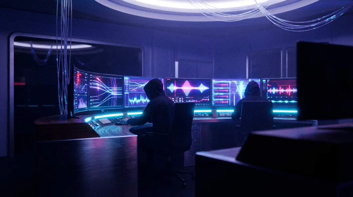 Dark media trading room with monitors displaying glowing audience-data dashboards