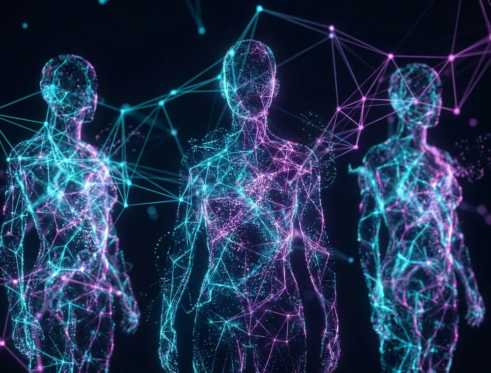 Abstract visualization of an AI audience model clustering data points into customer personas