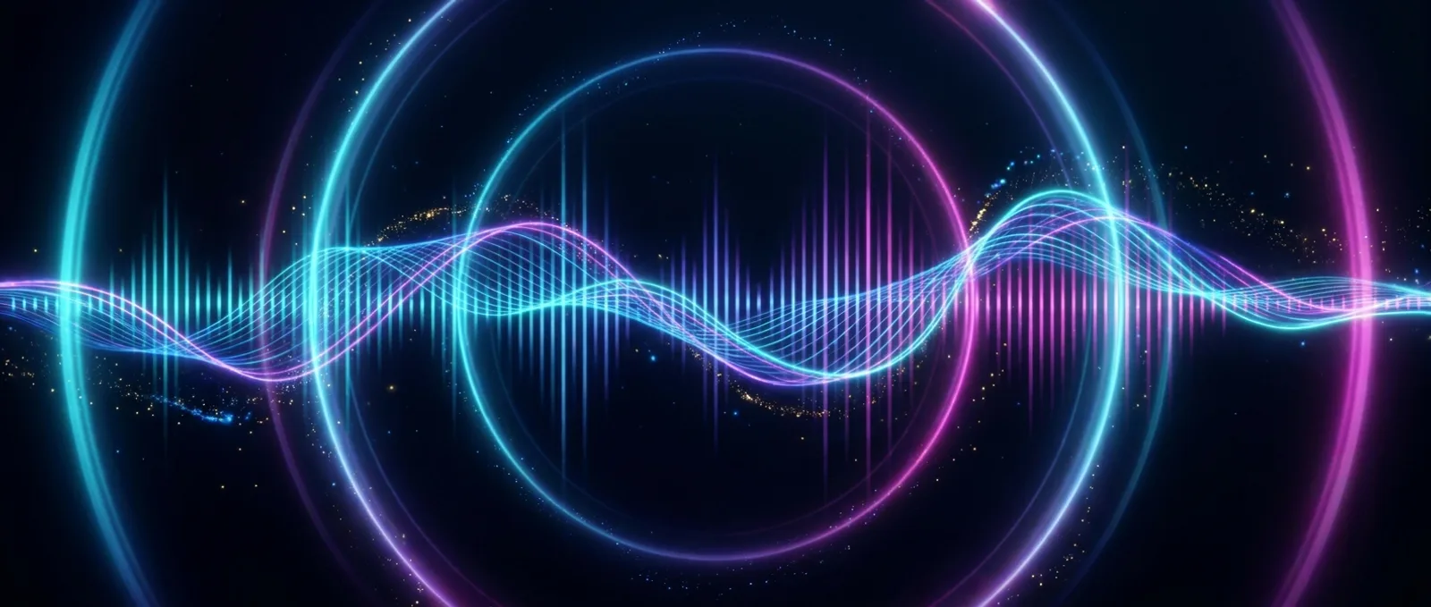 Luminous audio waveform and equalizer bars in a cyan-to-magenta spectrum