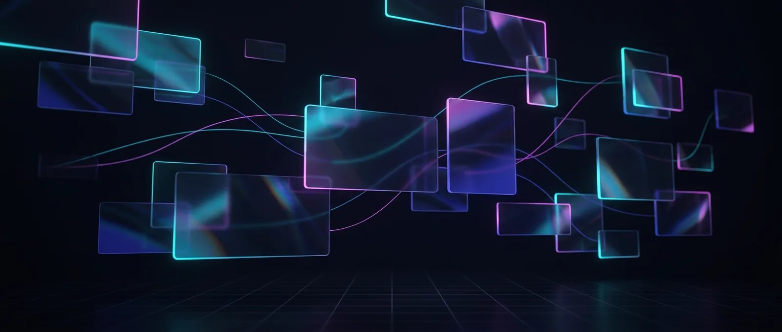 Floating glassmorphic ad panels connected by glowing data lines in dark space