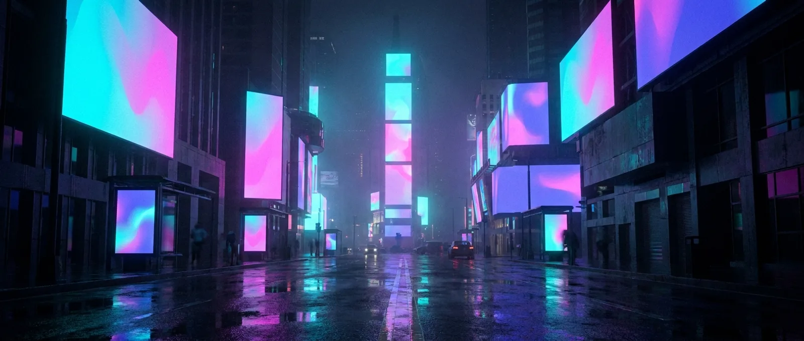 Rain-slick city street at night lined with glowing digital billboards