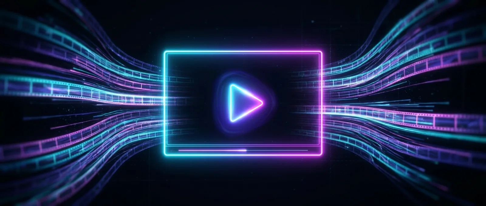 Glowing video player with streams of light-trail film frames flowing toward it