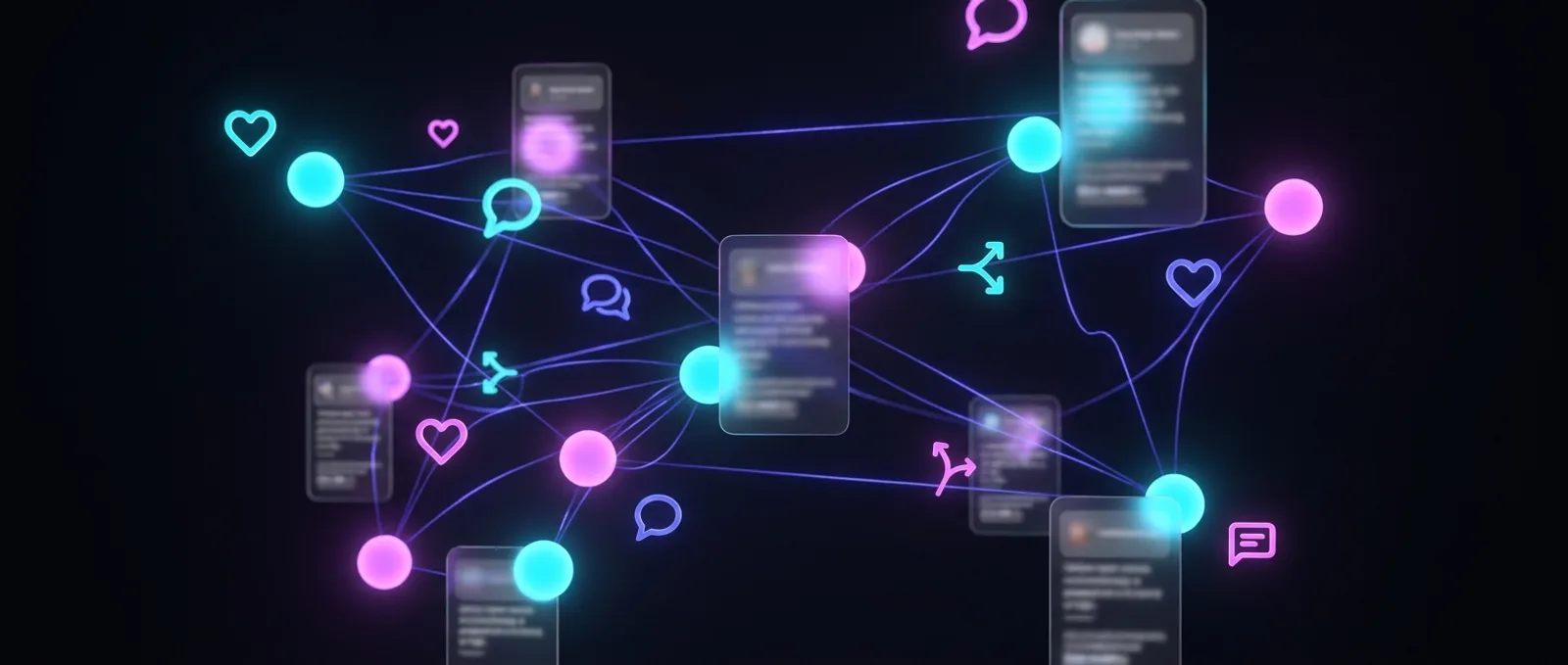 Floating feed cards and engagement orbs linked in a luminous network constellation