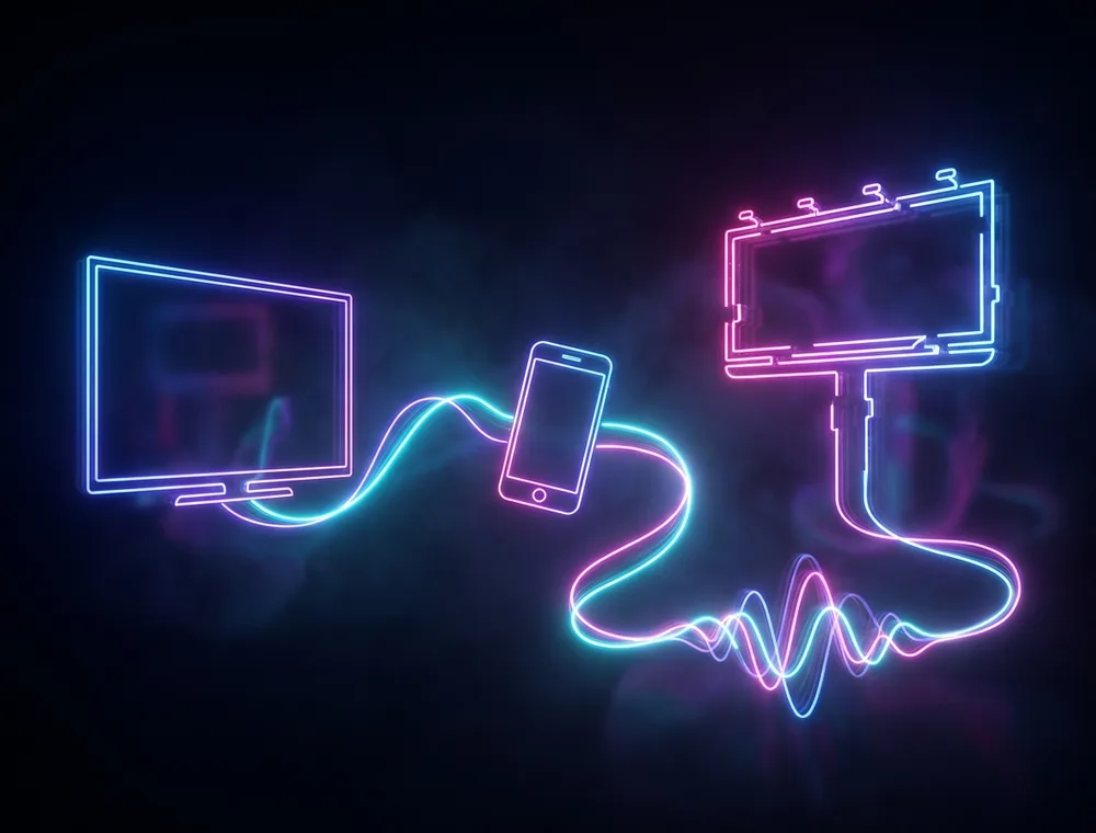 Neon waveform spectrum spanning screens, billboards and audio bars on a dark background